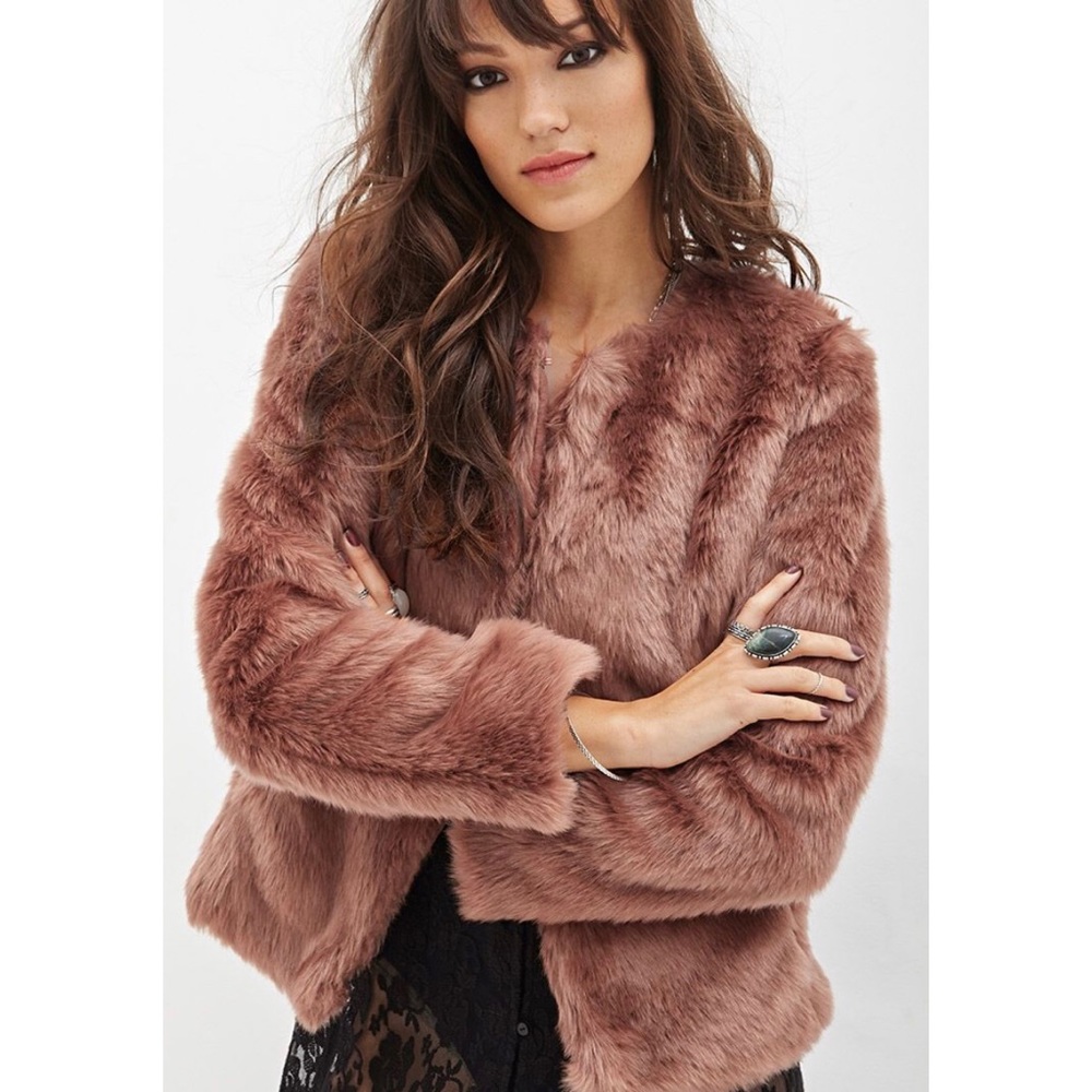 Collarless Faux Fur Lined Jacket Rust Large Lg